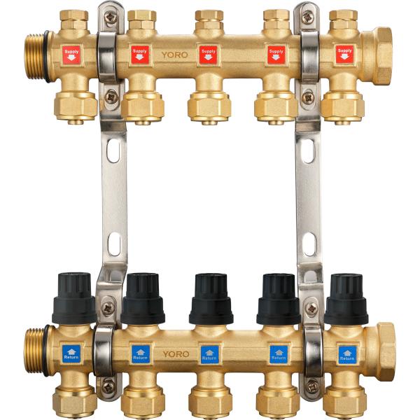 6211 Hot Forged Brass Water Distribution Manifolds 50mm Branch Spacing with Concealed Supply Flowrate Tuners + Seal Caps