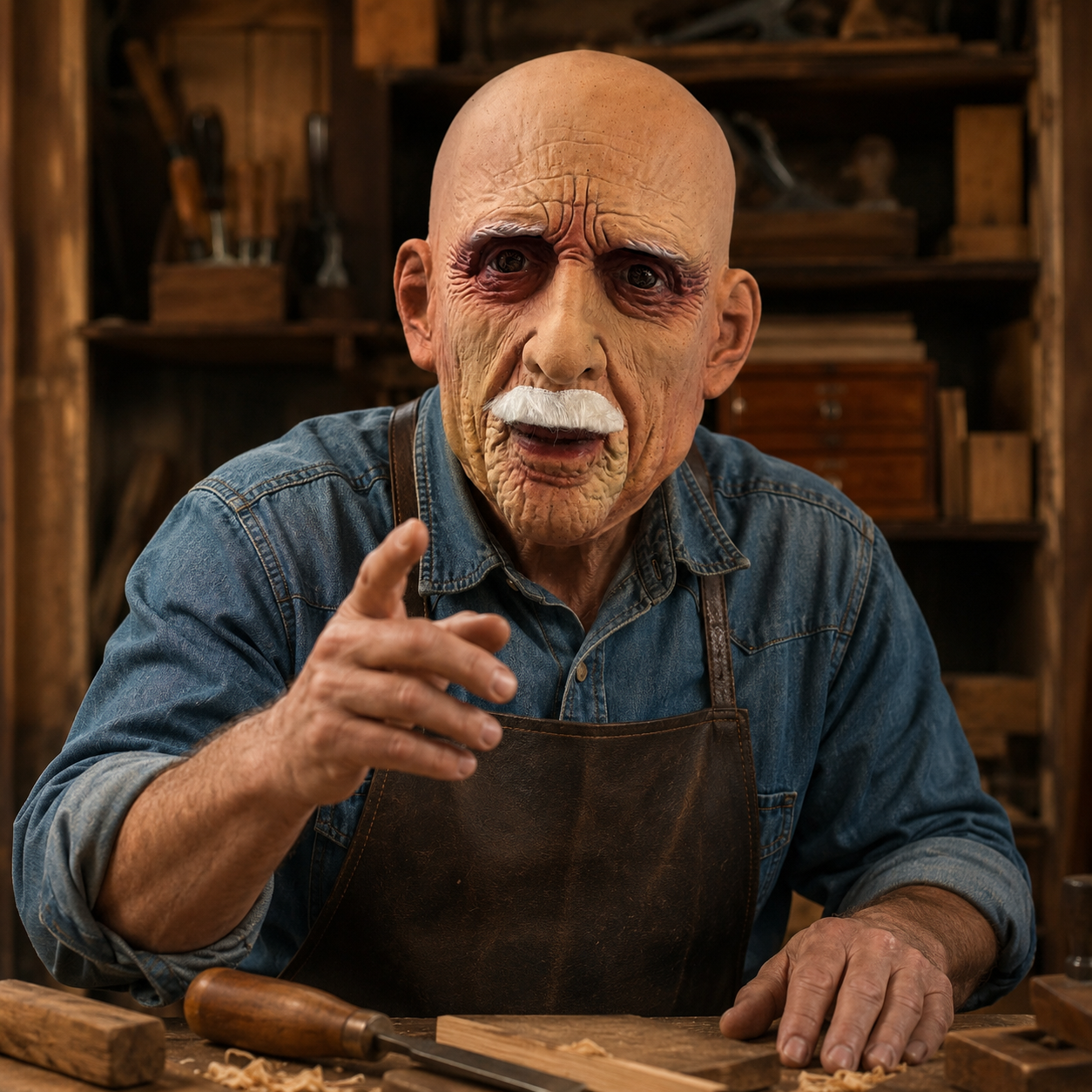 Bald Old Man Latex Full Head Mask with White Mustache, Realistic Wrinkles, Aged Skin Texture, Detailed Ear Shape and Visible Eye Openings for Halloween Party Cosplay Costume