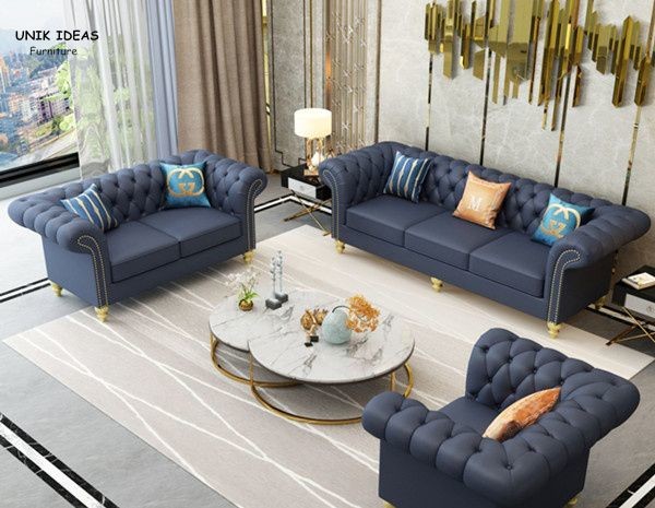 Современная черная голубая кожаная секционная кожа комнаты прожития софы с Ottoman