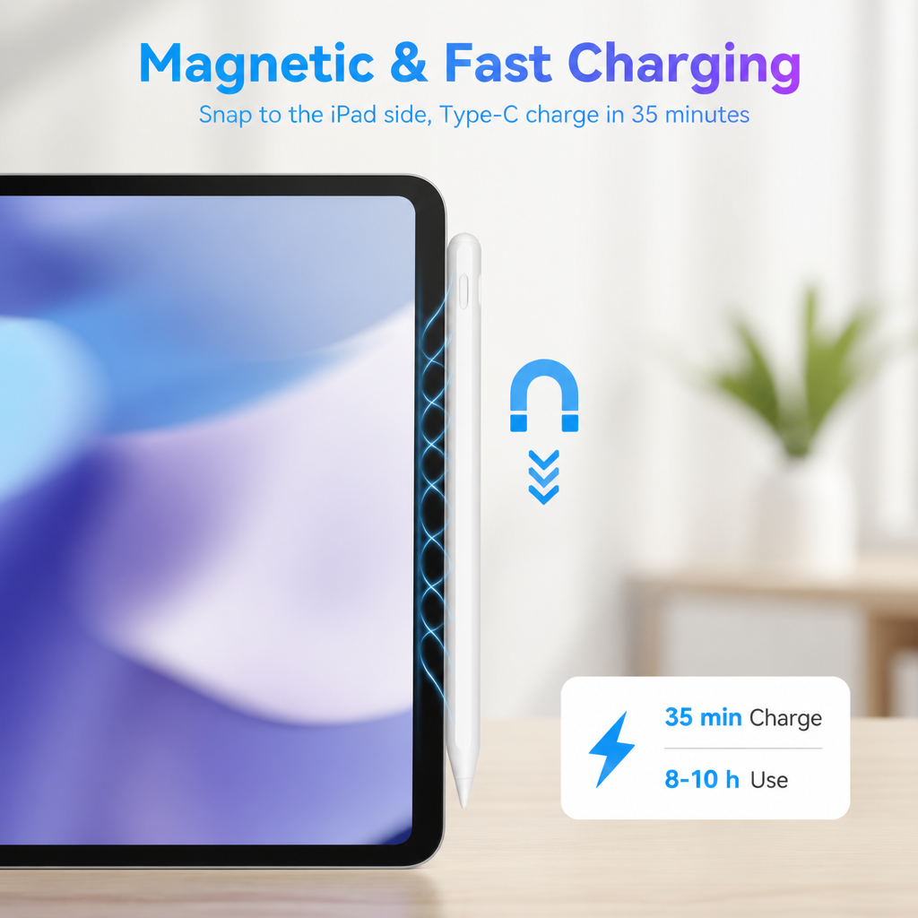 Bluetooth Stylus Pen for iPad Palm Rejection Tilt Sensitivity Type-C Fast Charging Magnetic Active Pencil Pro Air Mini 2018-2026