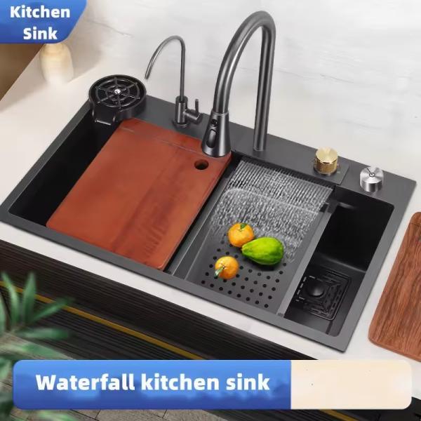 Lizhen-Hwa.Con Kitchen Sink Modern Waterfall Rainfall Single Bowl Stainless Steel Sink