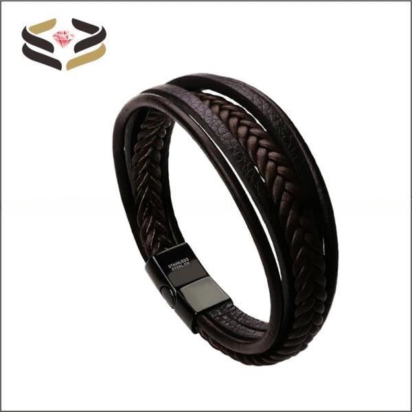 Clasp Closure Mens Leather Bracelet With Cowhide Multilayer Braided Design