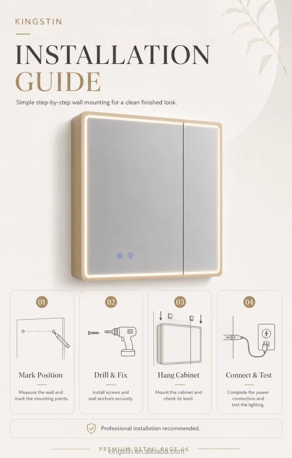 Kingstin Custom ABS LED Mirror Cabinet for Modern Bathrooms | 3 Color Light, Defogging, Bluetooth, Optional Android