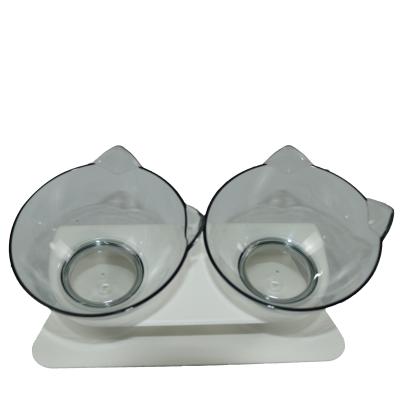 Non Slip 2 Double Cat Food Bowl Plastic Lovely Cat Ear Shaped  Bevel Water Neck Protection 11 12