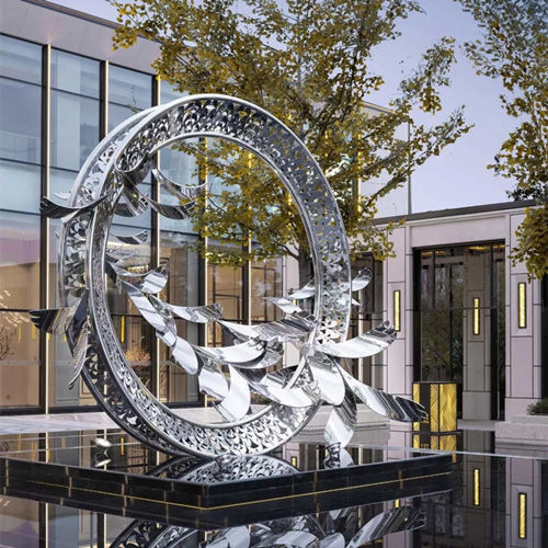 Circle Decorative Art Sculpture Mirror Stainless Steel Hollow Garden Statues