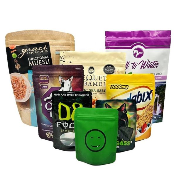 Gravure Printing PE Plastic 35g Glossy Pure Gold Mylar Plastic Stand Pouch Food Packaging Die Cut Mylar Bag