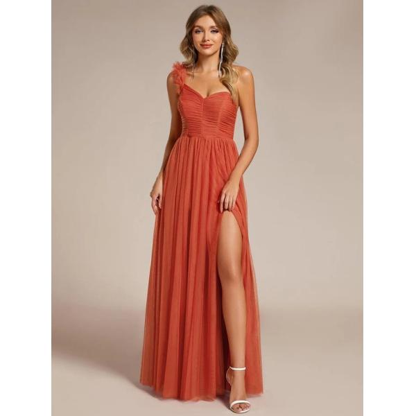 Elegant One-shoulder Sweetheart Ruffled A-line Zipper Pleated High Slit Tulle Pink Bridesmaid Dress