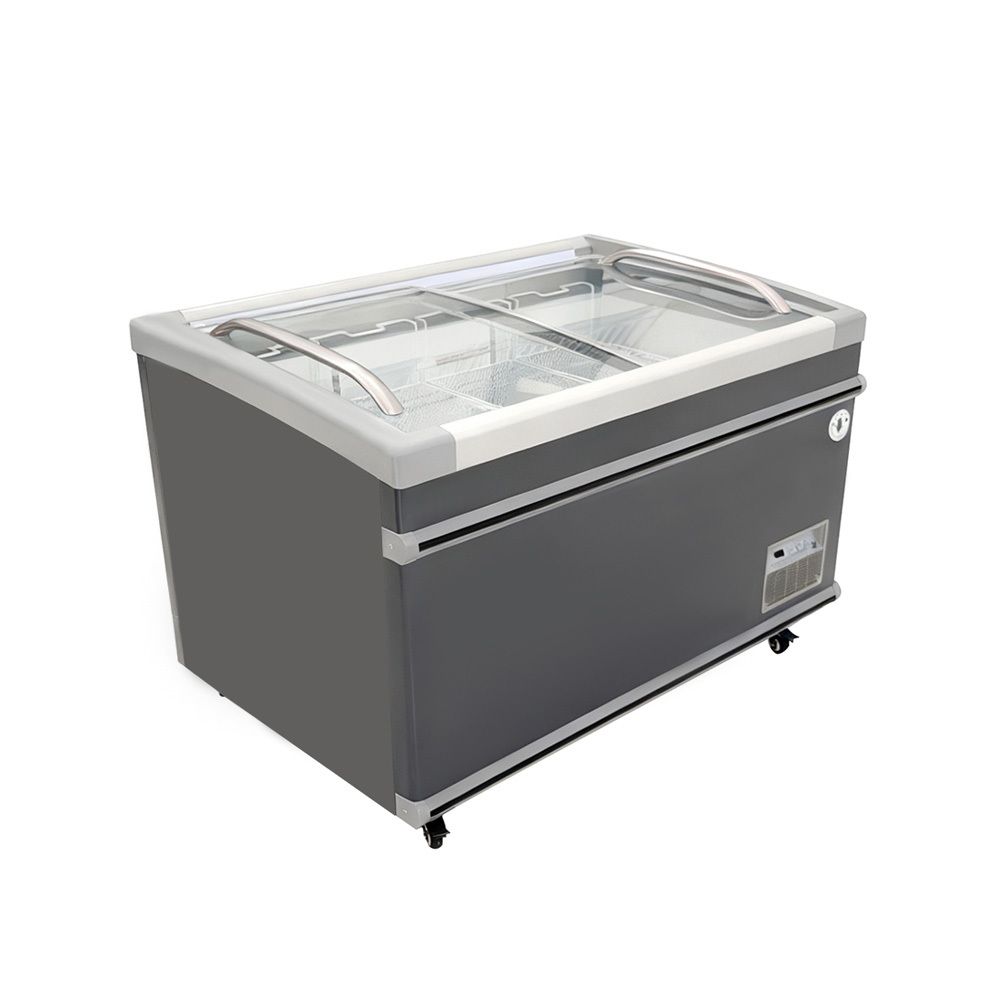 Commercial Island Freezer Titanium Alloy Corrosion Resistant Glass Top Display Freezer