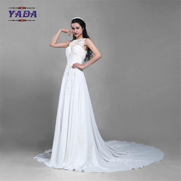 New fashionable beaded embroidery sleeveless lace princess a line sexy wedding dress with long train