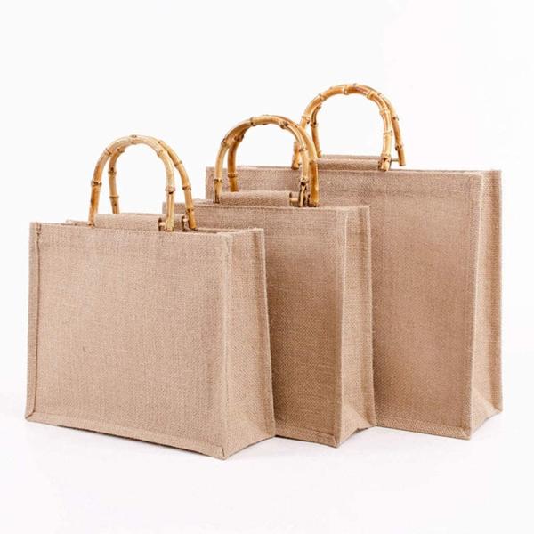 Portable Burlap Jute Shopping Bag Bamboo Loop Handles Reusable Tote Grocery Bags for Women