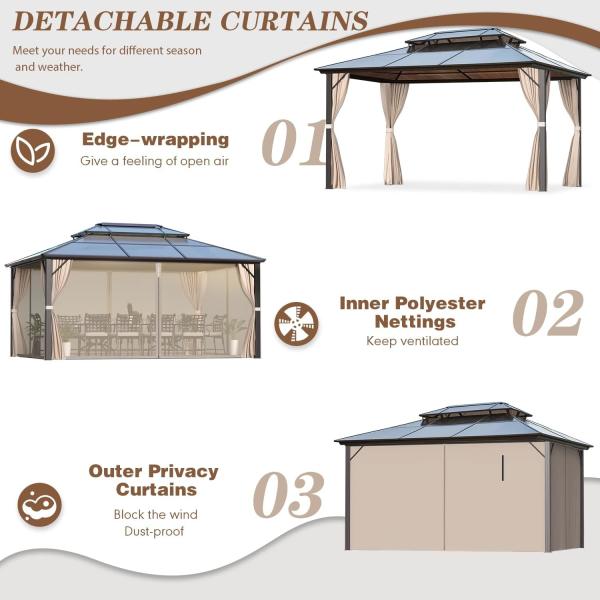 Gazebo Polycarbonate Double Roof Canopy Outdoor Aluminum Frame Pergola, Permanent Pavilion with Netting Curtains