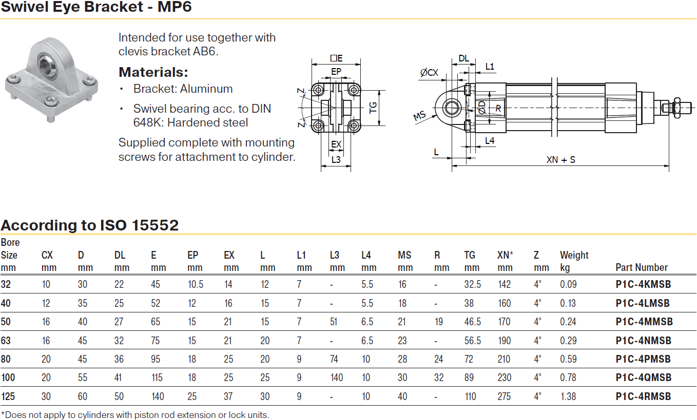 P1C-4KMSB P1C-4LMSB P1C-4MMSB P1C-4NMSB Parker Swivel Eye Bracket MP6