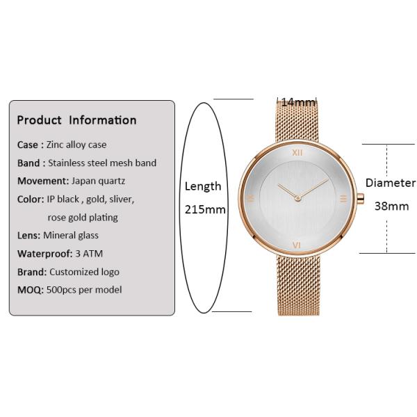 ODM Steel Mesh Band 3atm Womens Fashion Watch Zinc Alloy Case