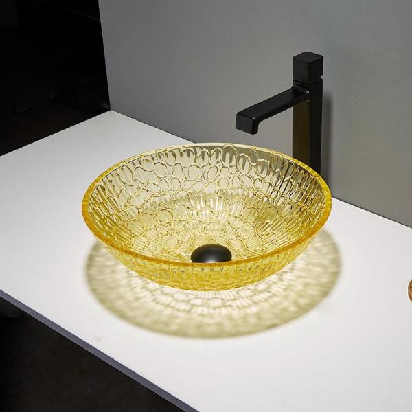 Round Lacquered Crystal Wash Basins Low Profile Glass 12mm Modern Gold Yellow