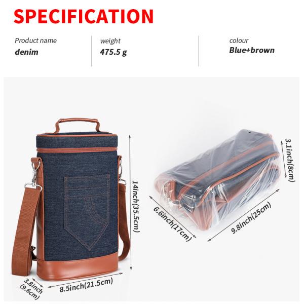 Denim Insulated Wine Cooler Bags Cheese Tote 2 Bottle Picnic 8.5x3.8x14