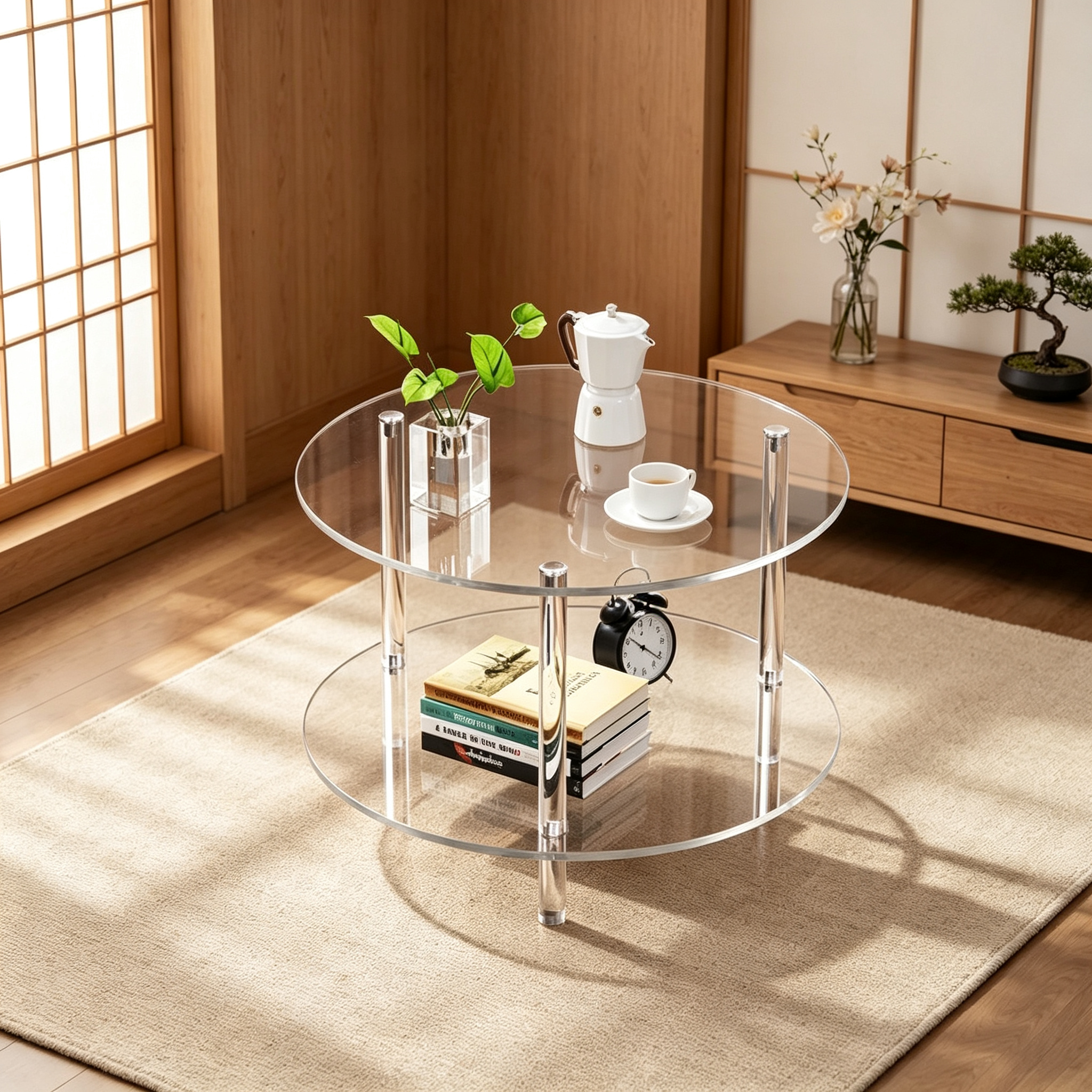 2-Tier Round Clear Acrylic Coffee Table, Modern Transparent Living Room Table