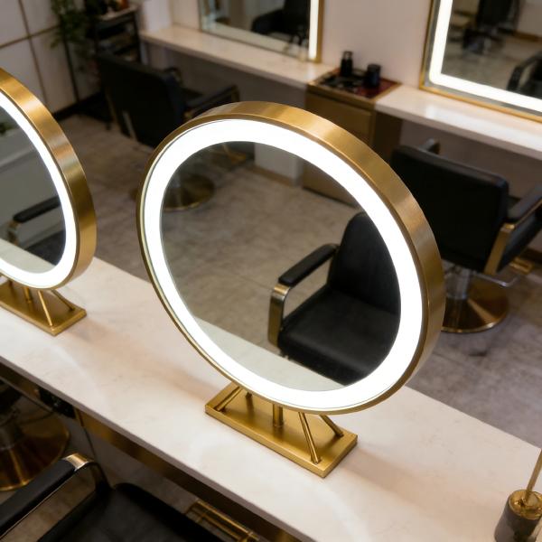 Kingstin Double-Sided LED Salon Station Mirror, Professional Round Lighted Barber Mirror with Gold Metal Frame