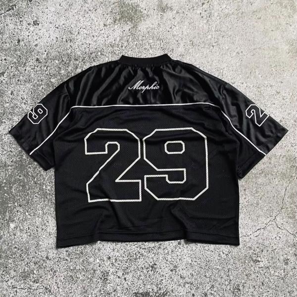 Impresión a medida Poliéster de gran tamaño Vintage Boxy Retro Fútbol Camiseta de fútbol V Cuello de malla camisetas masculinas Streetwear verano