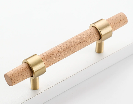 Nordic Gold Minimalist Beech Wood Cabinet Door Handle with Long Brass Pull Natural Wood Style for Wardrobe or Drawer