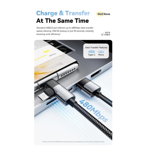 ESSAGER ES-X59 2 In1 Usb To Micro USB C Fast Charging Cables 7A Pd 100W