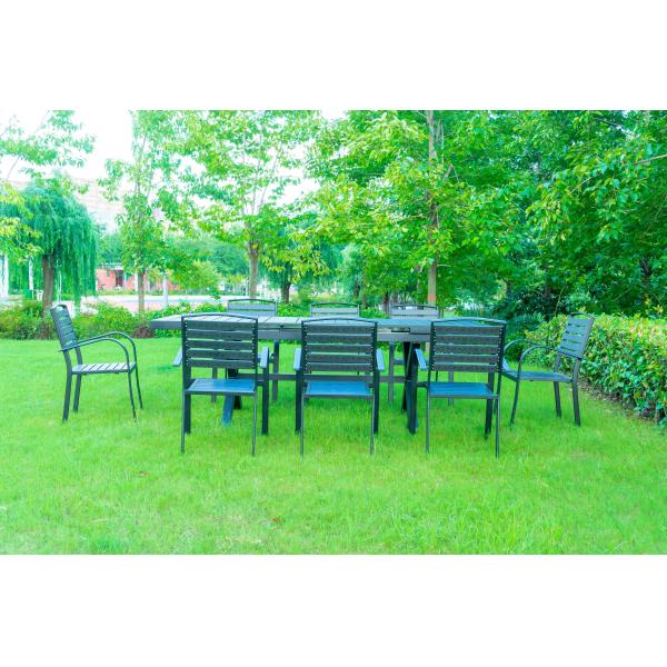 9 Pieces Black Plastic Wood Modern Outdoor Garden Furniture Table Set 8-10 Seater Extendable Patio Dining Table Chairs