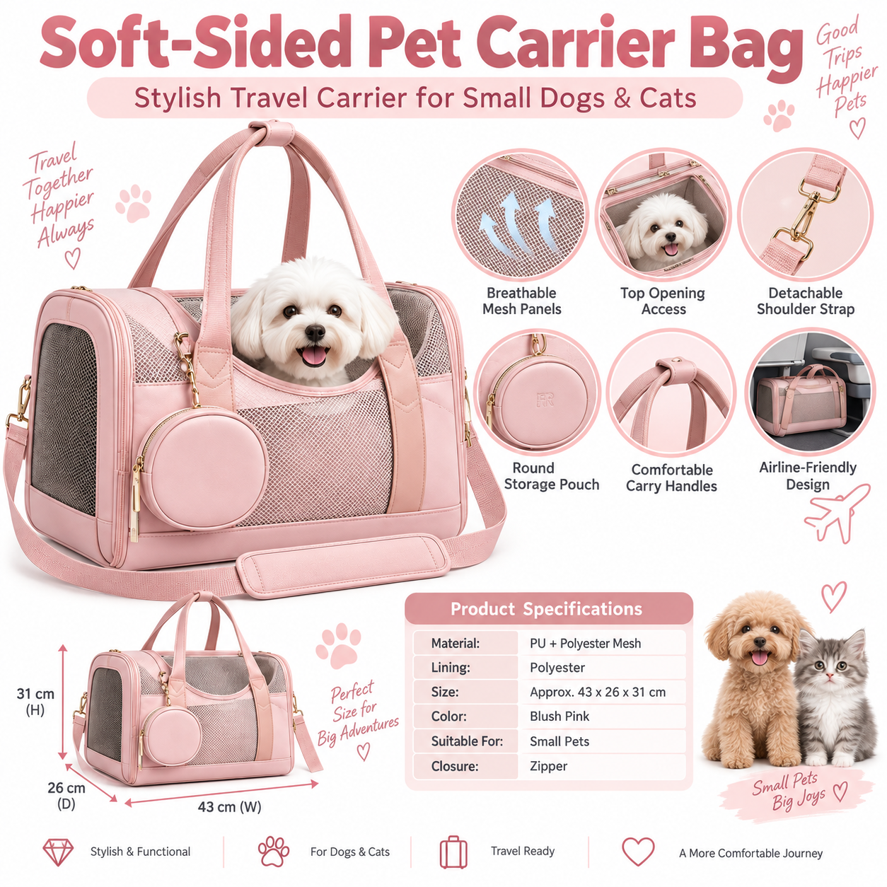 Custom OEM ODM Soft-Sided Pet Carrier Bag for Small Dogs & Cats, Breathable Airline-Friendly Travel Tote with Mesh Panels, Top Opening & Shoulder Strap