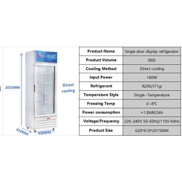 Réfrigérateur d'affichage commercial de 380L, frais, refroidissement direct, refroidisseur d'affichage à porte unique