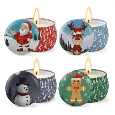 Scented Soy Wax Cute Pattern Christmas Tin Candles Jar With Metal Lid Lightweight
