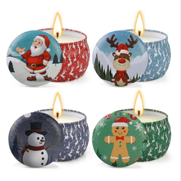 Scented Soy Wax Cute Pattern Christmas Tin Candles Jar With Metal Lid Lightweight