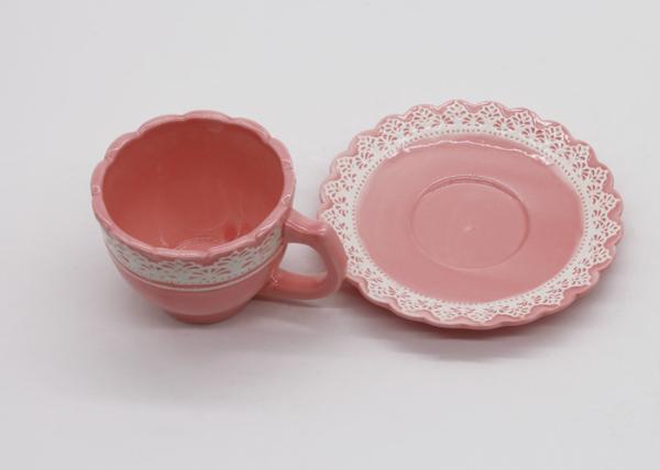 Ceramic Tea Cup Set Pink and White Handmade Earthware Coffee Mug with Plate Coaster