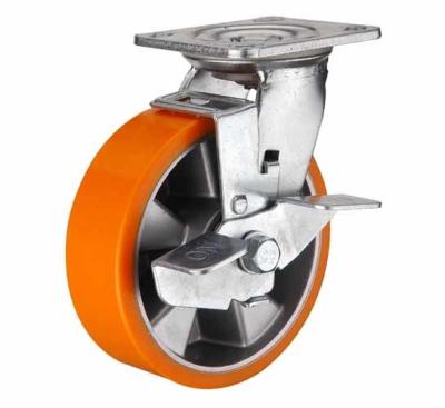 6 inch Orange color Swivel aluminium core PU wheel for heavy duty caster with side brake
