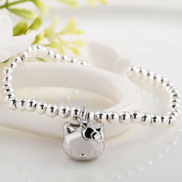 5mm Sterling Silver Beads Bracelet with 925 Silver Cat Charm 6.5 inches (B120703)