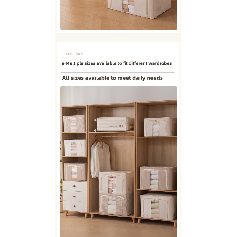 Modern Cotton Linen Clothing Storage Box with Steel Frame Foldable Quilt Down Jacket Organizer Fabric Storage Box