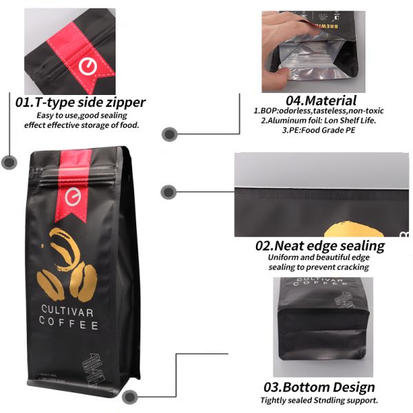 250g Flat Bottom Pouch Zhihe Stock Square Bottom Bag Free Samples for Plastic Coffee Bean Packaging