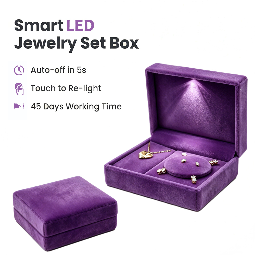 Stylish Smart Touch LED Velvet Rectangle Jewelry Box Led Ring Case For Boutique
