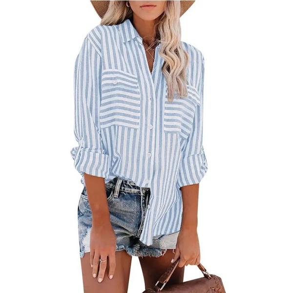                  Women Linen Cotton Vintage Streetwear Plus Size Blouses Button Birds Print Casual Striped Long Sleeve Loose Shirts             