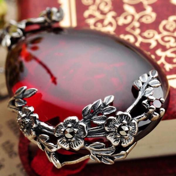 Vintage Jewelry 925 Silver Marcasite Drop Created Garnet Pendant Necklace 18 Inches(LN001RED)