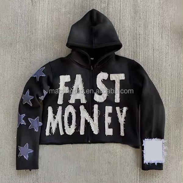 Brown Blue Black Distressed Hoodie Mens Autumn Season Embroidery Boxy Zip Up Hoodie