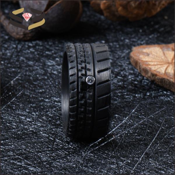 Round Black Carbon Fiber Band 10mm With Cubic Zirconia Inlay And Truck Tire Pattern