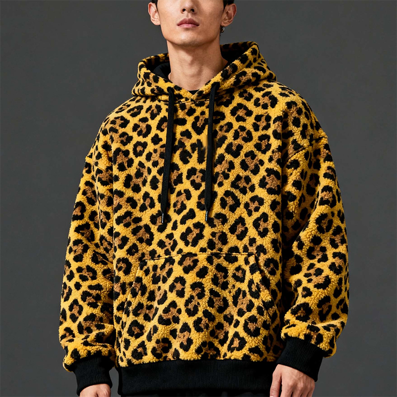 Men’s Oversized Leopard Print Fuzzy Hoodie | Cozy Plush Pullover with Kangaroo Pocket | Streetwear Style