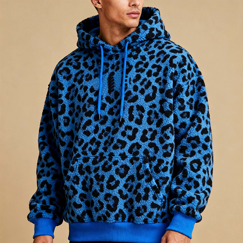 Men’s Oversized Leopard Print Fuzzy Hoodie | Cozy Plush Pullover with Kangaroo Pocket | Streetwear Style