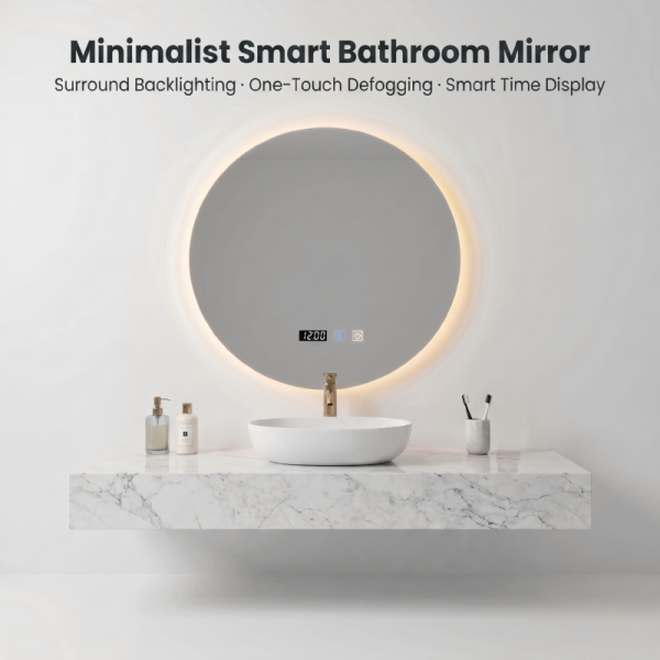 Kingstin Frameless LED Backlit Bathroom Mirror, Anti-Fog Smart Vanity Mirror with Time Display, 3 Color Dimmable Wall Mirror