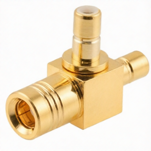Brass gold plated SMB coaxial tee adapter L-com LCAD30021 with SMB plug and two