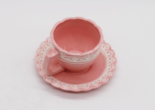 Ceramic Tea Cup Set Pink and White Handmade Earthware Coffee Mug with Plate Coaster