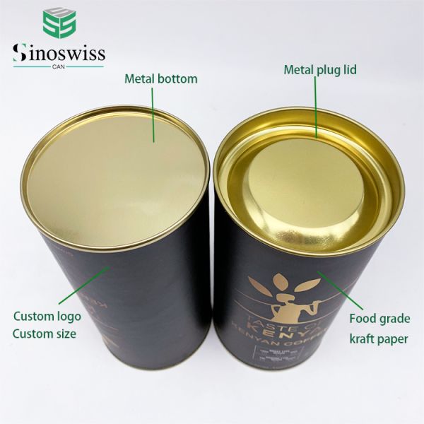 Food Grade Kraft Coffee Tube Packaging With Metal Plug Lid Custom Height