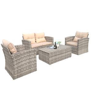 Rectangular Aluminum Frame Rattan Outdoor Sofa Chair Coffee Table Set UV Weather