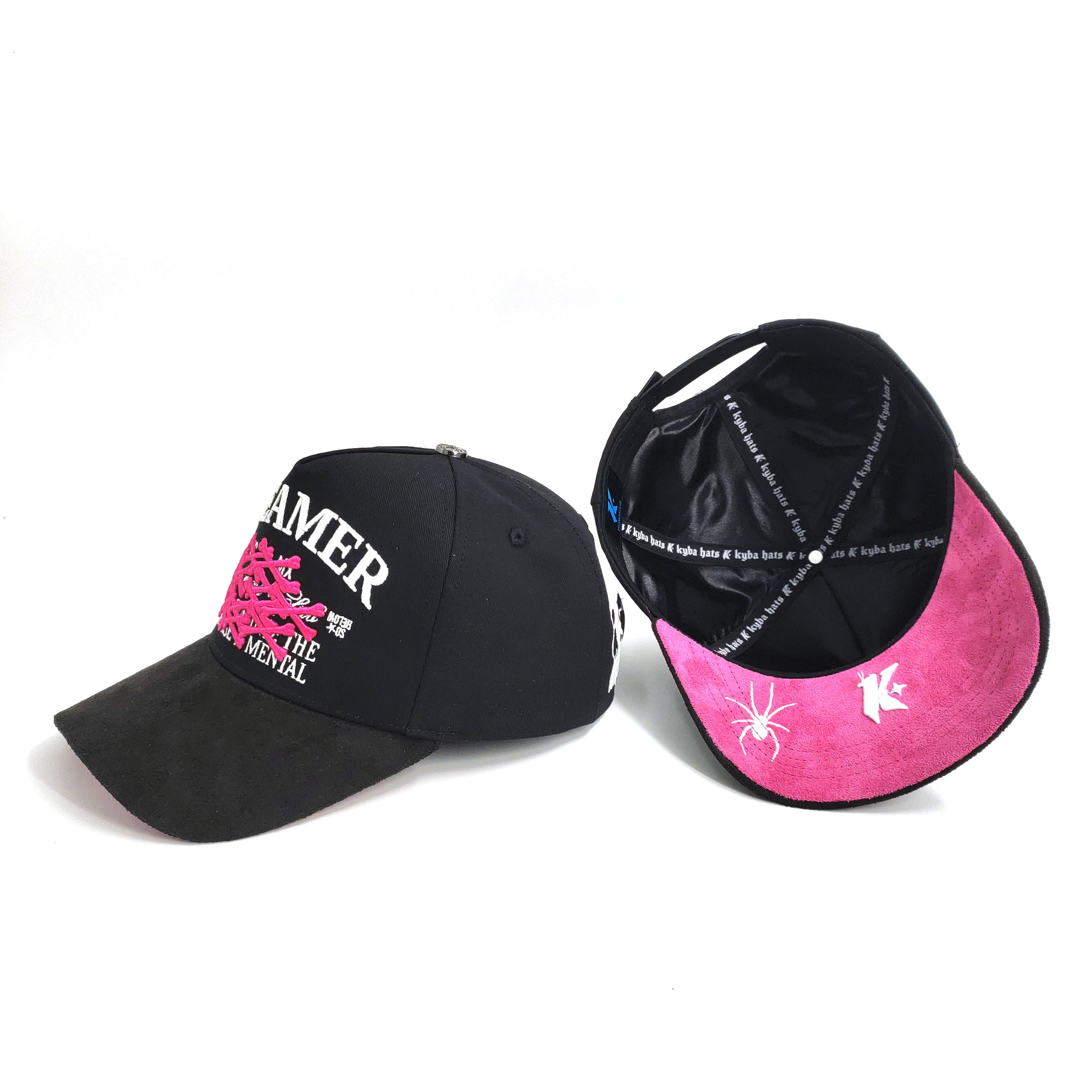 Streetwear Baseball Hats Customize 3D Embroidery Logos Hot Pink Suede Brim High Crown Cotton Full Black Satin Lined