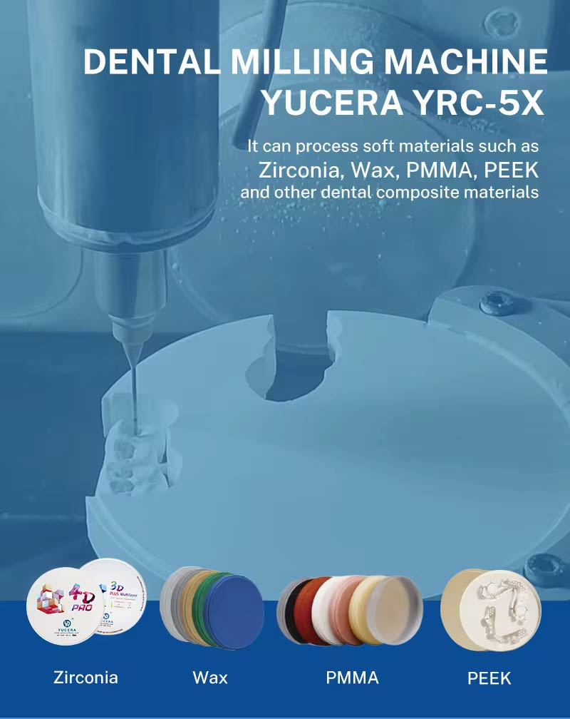 Yucera YRC-5X 5-осевая стоматологическая фрезерная машина с вертикальной фрезерной работой 90° и большим вращением оси B для увеличения использования материала на 20%