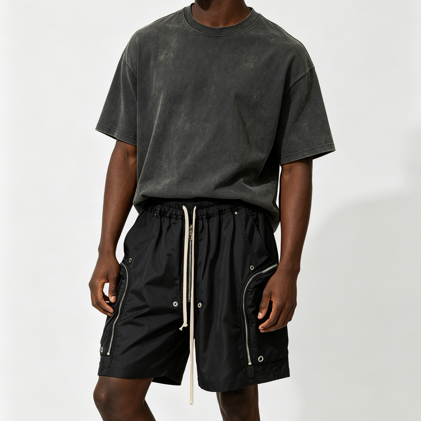 Dark Sports Sweat Shorts Multi Zipper Mens Drawstring Cargo Shorts RO Style