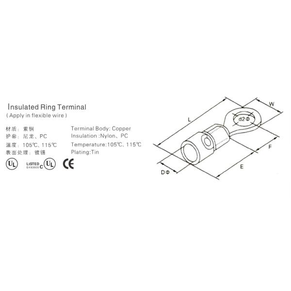 Electrical Automotive Ring Crimp Terminal Lugs Copper Male Butt Insulated Wiring Terminals